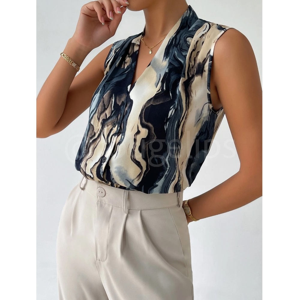 Marble Print Button Down Collared Sleeveless Blouse Top - Picture 5 of 11